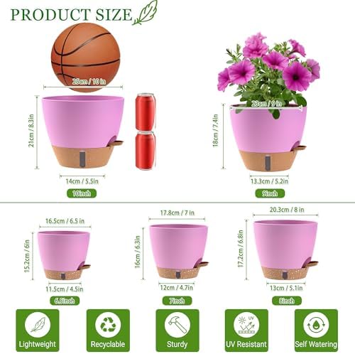 Self Watering Pots for Inoor Ourdoor Plants 10/9/8/7/6.5 Inch, 5 Pack
