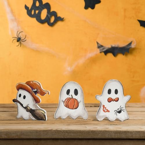 Smile 3 Pcs Wooden Blocks Signs, Happy Halloween Ghost Indoor Decor