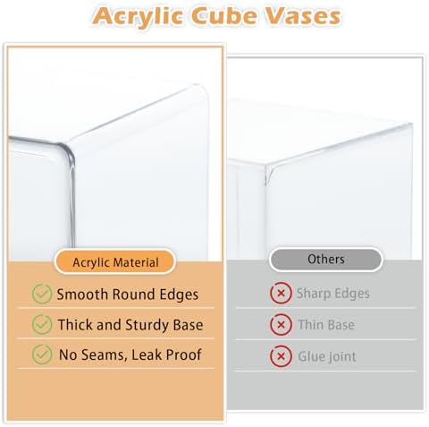 2 Pack Acrylic Cube Vases 4 X 4 Inch, Clear Square Vases, Shatterproof Flower Vase Decorative Centerpiece for Home, Wedding