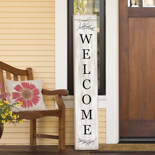 Welcome Sign for Front Porch Standing - Wooden Vertical Hanging Farmhouse Decor With Leaves for Front Door and Home Decorations 47.2"H