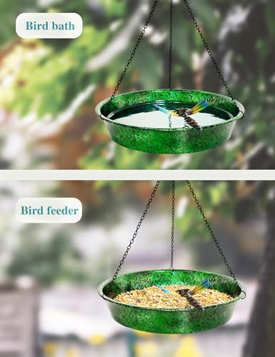 Hanging Bird Bath & Feeder, 11.5" Metallic Green/Blue Metal Birdbath Bowl