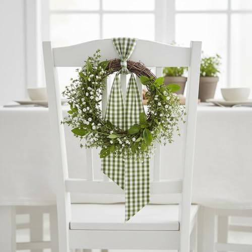 2 Pack Green White Plaid Wreath Sash Front Door Decoration, Blank Sashes Spring St Patrick Wedding Holiday Party Bow Ribbon Bundle Indoor Outdoor Farmhouse