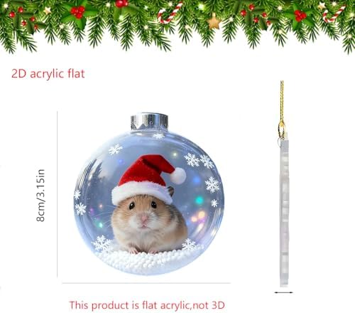 6 Pcs Hamster Christmas Ornament Decor Flat 2D Acrylic Small Animal Christmas Tree Hanging Ornaments Sets Xmas Ball Designs Xmas Hanging Pendant Gifts for Holiday Party Decoration Supplies