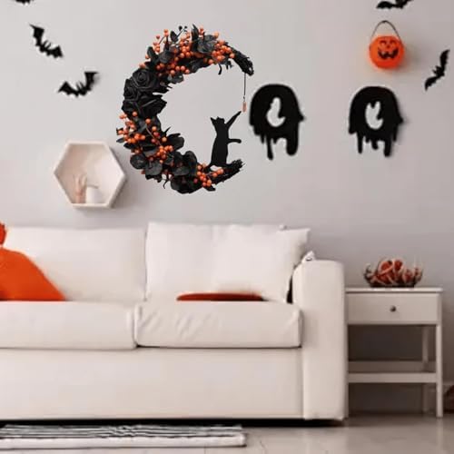 Orange Halloween Wreath with Lights, Crescent Moon Cat Door Wreath