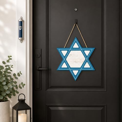 Smile Rosh Hashanah Wooden Door Hanger, Star of David Front Door Sign for Jewish New Year Home Decor
