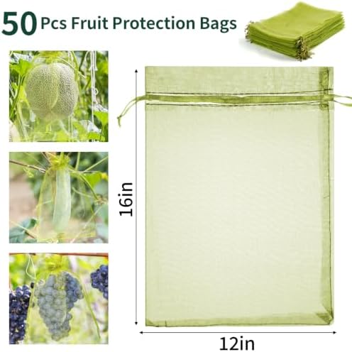 50 Pcs Fruit Protection Bags, 12×16 in Mesh Cover Nets for Tree, Green