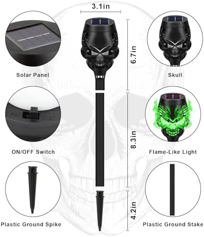 8 Pack Solar Halloween Lights Outdoor, Green Skull Torch Lights