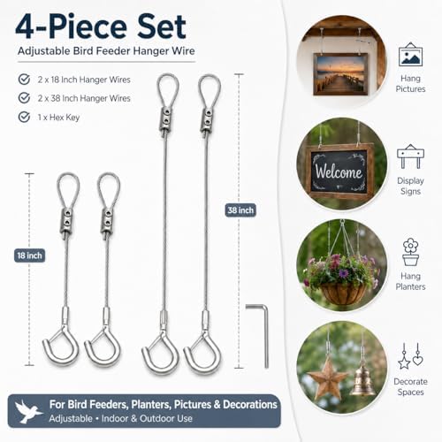 4 Pcs 18-38" Adjustable Bird Feeder Hanger Wires with Safety Buckle Q-Hook