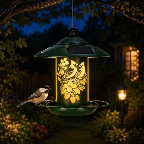 AVINEL Solar Lantern Bird Feeder – Solar-Powered Outdoor Hanging Wild Bird Feeder with Decorative Garden Lantern Design (Moss Green, Cardinal/Dogwood)