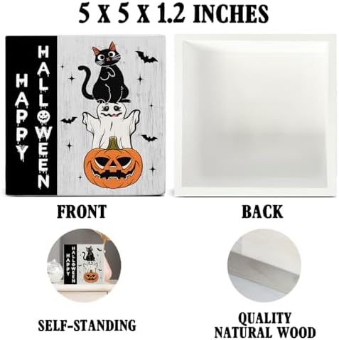 Happy Halloween Wooden Decor, Ghost Cat Pumpkin Block Sign
