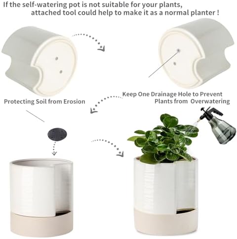 Nihow Ceramic Self Watering Plant Pot for Indoor Plants, 8 Inch,Cream White