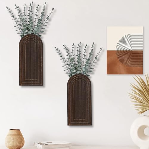 Dnnnii 2 Pack Wooden Wall Vase Set - Dark Brown Finish Modern Farmhouse & Boho Wall Decor for Entryway, Hallway, Bathroom, Living Room, Dining Room, Narrow Spaces