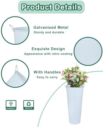 15 Inch Tall Galvanized Flower Bucket, 2 Pack Metal Vases for Dried Flowers
