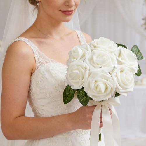 16 Pcs White Artificial Flowers, Fake Roses with Stems
