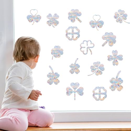 St. Patrick's Day Window Clings - 48PCS Shamrock Stickers for Decorations, Anti-Collision, Non-Adhesive Prismatic