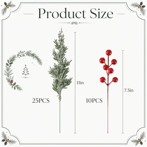 35Pcs Christmas Snow Pine Branches with Red Berries,Snowy Norfolk Pine Stem