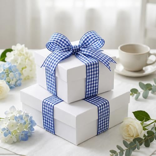 KINGLAKE Blue Gingham Ribbon - 1'' x 25 Yds Blue Plaid Ribbon