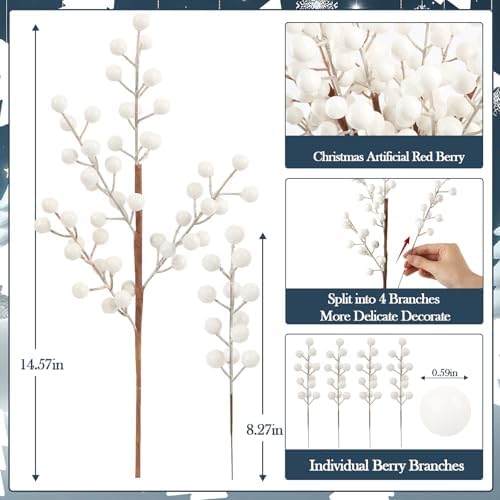 Christmas Berry Stems, Artificial White Picks for Christmas Decorations