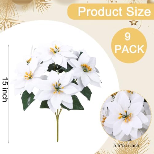 9 Pack Christmas Artificial Poinsettia Flowers 7 Heads White Flower