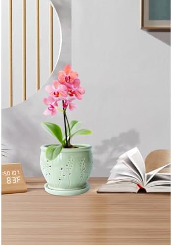 Ceramic Orchid Pot 6.3 Inch, Orchid Pots with Holes, Large Plant Pot for Repotting, Ventilation Holes Breathable for Roots, Durable Ice-Cracked Glaze Ceramic Planter Pot (Grass Green)