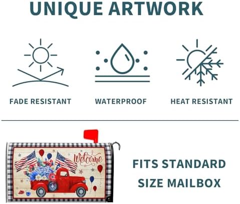 4th of July Mailbox Cover Magnetic Large Size 25x21 Inch American Flag Patriotic Truck Mailbox Cover Independence Day Decorative Mailbox Wraps Post Letter Box Cover for Home Garden Yard