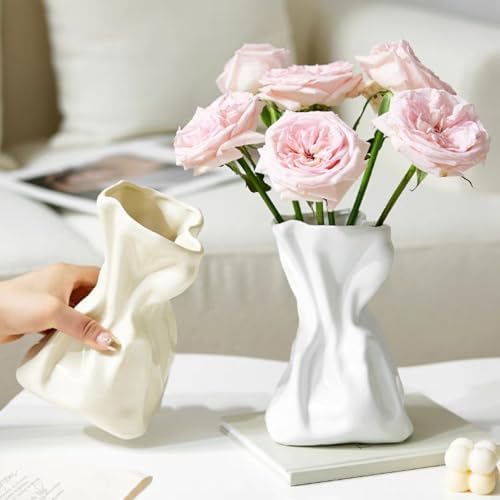 FOWSEEK 6IN White Ceramic Vase, Irregular Flower Vase Modern Art Decorative Vases for Flowers, Unique Paper Bag Vases for Home Office Centerpieces Entryway Bookshelf Living Room Table Decor