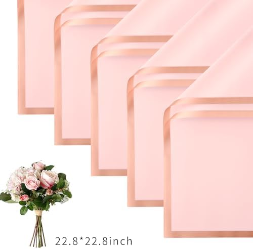 30 Sheets Pink Gold Edge Flower Bouquet Wrapping Paper，Florist Supplies Fully Water-Resistant Floral Bouquet Wrapping Paper Bouquet Accessorie，Flower Shop Packaging Pape for DIY Gift Wedding Birthday
