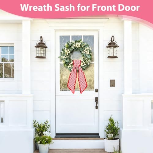 Wreath Sash for Front Door, 2 Pcs Red Gingham Wreaths Scarf Decor
