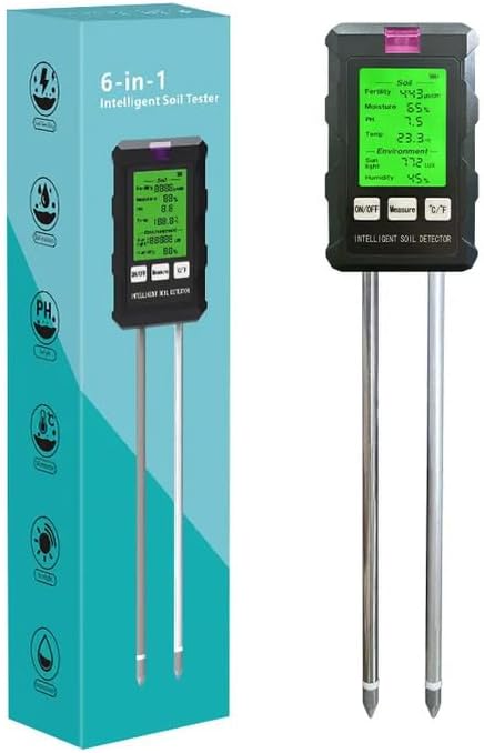 GROW24 Digital Soil Tester, 6-in-1 Moisture Meter with pH, Temperature, Sunlight Intensity for Garden Plants