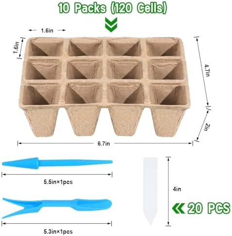 10 Packs Seedling Starter Trays, 120 Cells Biodegradable Seed Starter Plant Pots，Seed Germination Starter Tray Kit with 20 Labels, 2 Transplant Tools
