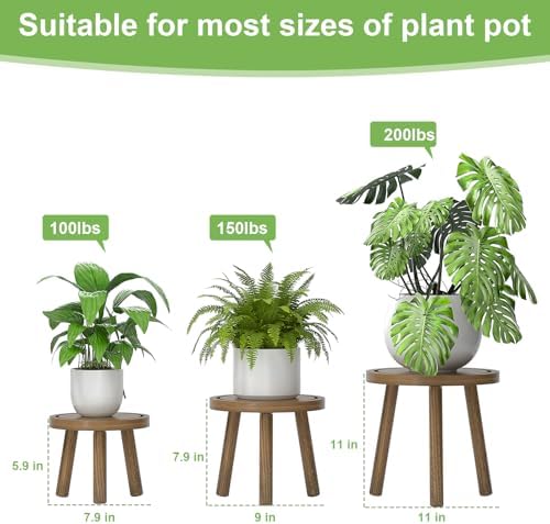 3-Pack Wood Plant Stands Indoor, Single Plant Stand for 6-12 Inch Pots, Mid-Century Modern Plant Stool, Tall Plant Stand for Large Plants for Living Room, Balcony, Office (Dark Gray)