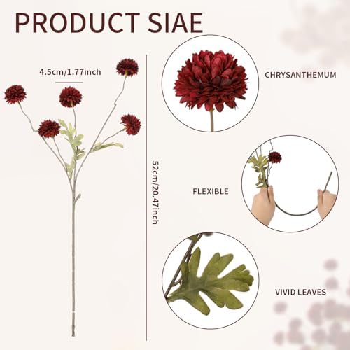 DuHouse 9pcs Faux Silk Pompon Mum Small Chrysanthemum Ball Burgundy