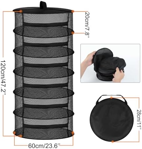 Desy & Feeci Drying Net Herbs 6-Layer Hanging Herbs Drying Rack Drying Net with Zippers, Black, 23.6 x 47.2 in (60 x 120 cm)