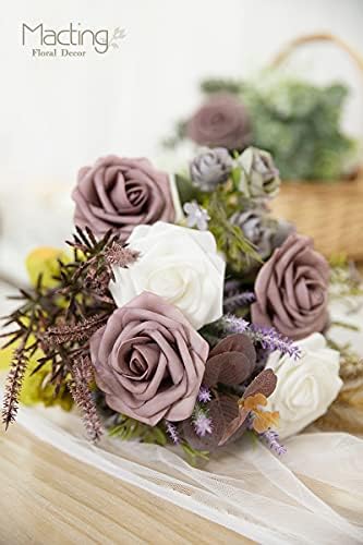 MACTING 30PCS Dusty Purple Pink Artificial Roses, Real Touch Foam Flowers