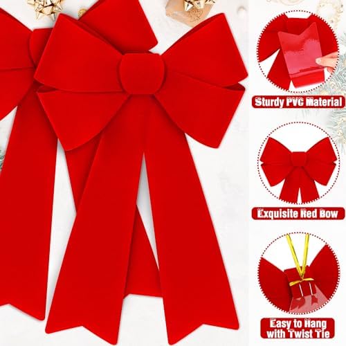 10 PCS Christmas Bows for Wreaths, 12 x 18 Inches Red Christmas Decorations, Christmas Tree Bow Red Velvet PVC Outdoor Red Christmas Bows Hanging Kink Red Christmas Bow for Wreath Stairs Xmas Party