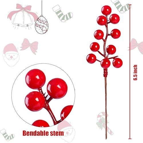 Sggvecsy 30 Pack Artificial Red Berry Stems 6.5inch Christmas Red Berry Picks Holly Berry Branches for Christmas Tree Decorations Holiday DIY Crafts Xmas Ornaments Wedding Home Decor