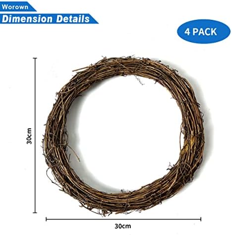 Worown 4-Pack 12 Inch Natural Grapevine Wreaths, Rattan Vine Wreath for DIY Christmas Crafts, Front Door Wall Hanging, Wedding and Party Decorations