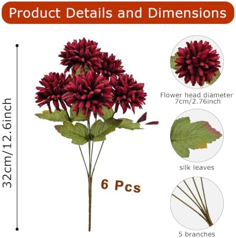 Fake Mums Flowers for Outdoors, 6 Pack 30 Heads Artificial Chrysanthemums Silk Fall Flower for Autumn Wedding Table Front Porch Halloween Diwali Cemetery Indoor Outside Decor (Burgundy)