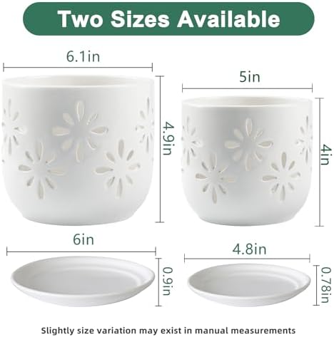 Orchid Pots with Holes, 5+6in Orchid Planter with Tray，2Pcs-White