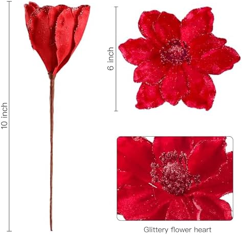 Sggvecsy 10Pcs Christmas Glitter Flowers Christmas Tree Ornaments Artificial Poinsettia Flower Velvet Magnolia Stems Floral Picks for Xmas Wedding DIY Crafts Wreath Party Floral Decorations (Red)