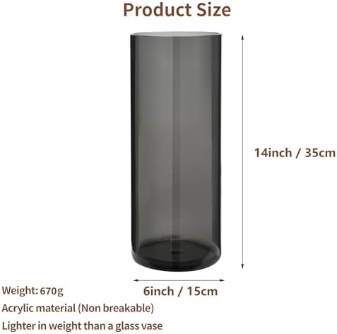 Flower Vase, Non-breakable Vases, 6" W x 14" H, Acrylic Grey Vase, Aesthetic Room Decor Cylindrical Modern Flower Vases for Table Centerpiece, Home Decor, Women Floral Arrangement Gift
