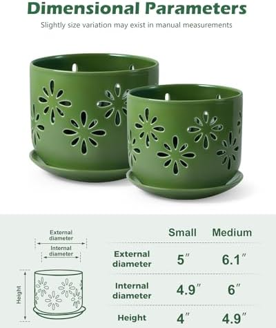 EFISPSS Orchid Pots with Holes,5+6 Inch Ceramic Plant Pots with Drainage Holes and Tray,Enhanced Drainage and Ventilation,Flower Pots for Indoor/Outdoor Plants for Repotting - Green