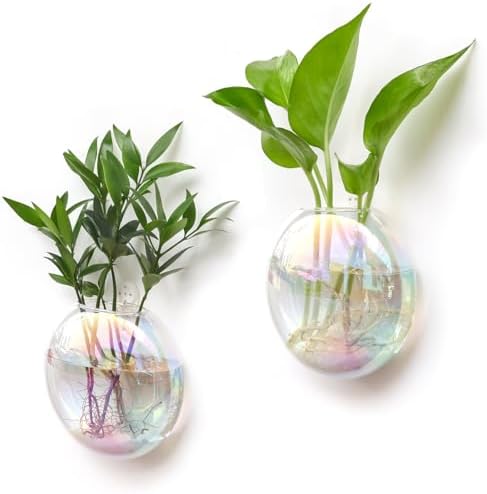 Kingbuy Wall Hanging Glass Planters Propagation Station - 2 Pack Iridescent Oblate Globe Flower Vases for Air Plants, Glass Terrariums with Floating Holders, Boho Indoor Hydroponic Home Office Decor
