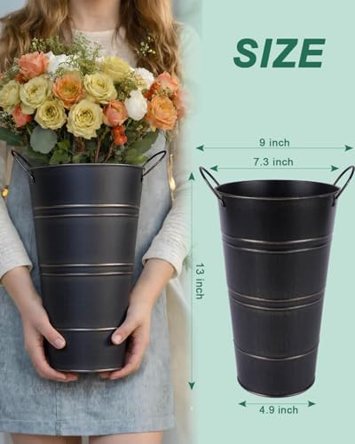 12 Inch Galvanized Metal Vase, 6 Pack Tall Flower Buckets with Handles