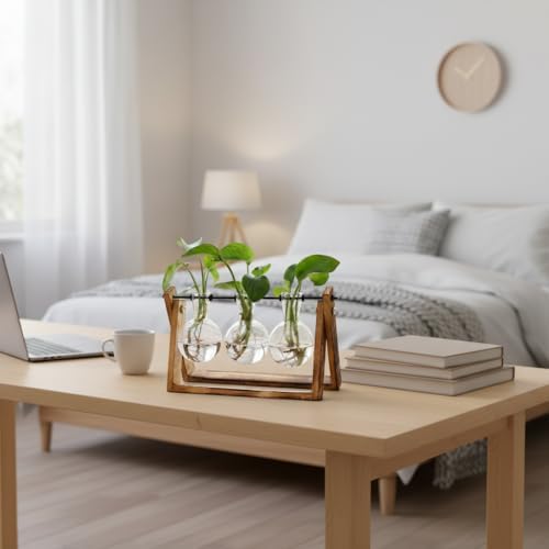 XXXFLOWER Plant Terrarium with Wooden Stand, Air Planter Bulb Glass Vase Metal Swivel Holder Retro Tabletop for Hydroponics Home Garden Office Decoration - 3 Bulb Vase