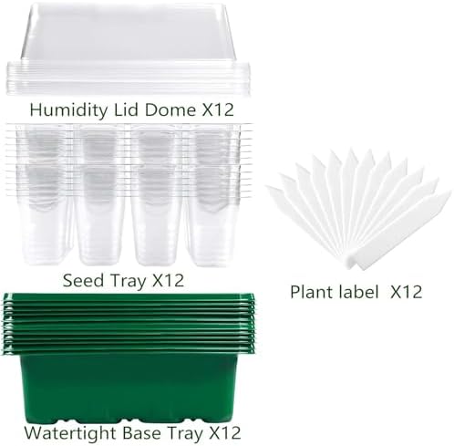 Seed Starter Tray, 12 Set Seedling Kits with Adjustable Humidity Dome, Plant Starter Kit for Seeds Growing Starting (12 Cells per Tray)