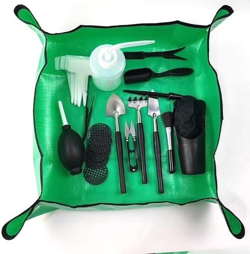 TIHOOD 30PCS/Set Mini Garden Hand Transplanting Succulent Tools Set, 19.7" Thickened Repotting Mat & Plant Tag, Miniature Planting Indoor Fairy Care, Potting, Cactus, Houseplant Bonsai Tool Kit