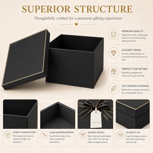 12x12x10in Empty Square Gift Box with Lid, Tall Matte Black Big Gift Box