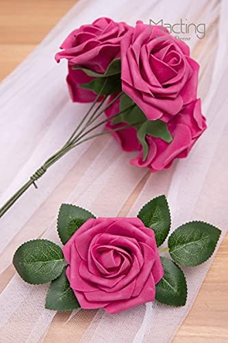 MACTING 30PCS Hot Pink Artificial Roses with Stems, Real Touch Foam Flowers