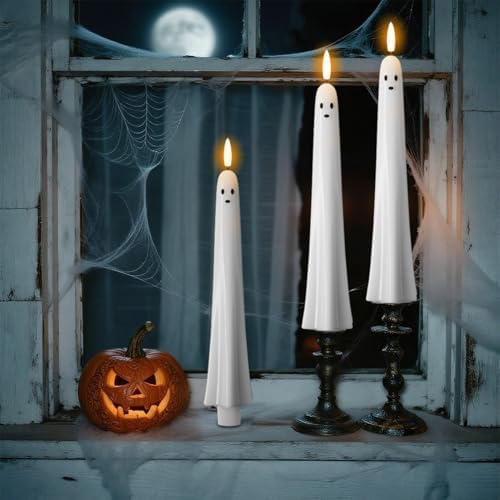 Wondise Halloween Ghost Flameless Taper Candles with Remote & Timer
